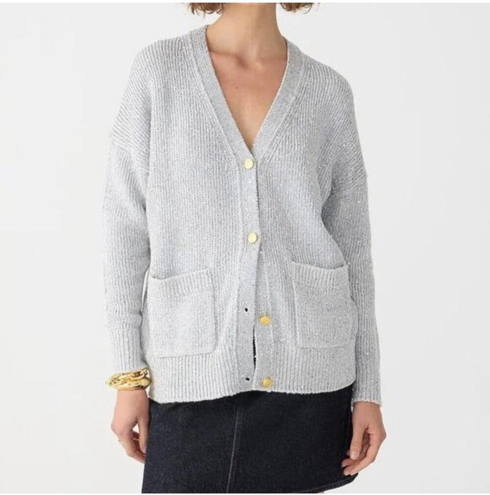 J.Crew Sweater Womens XS Silver Gray Cardigan Sequin Cotton Classic Sparkle Knit